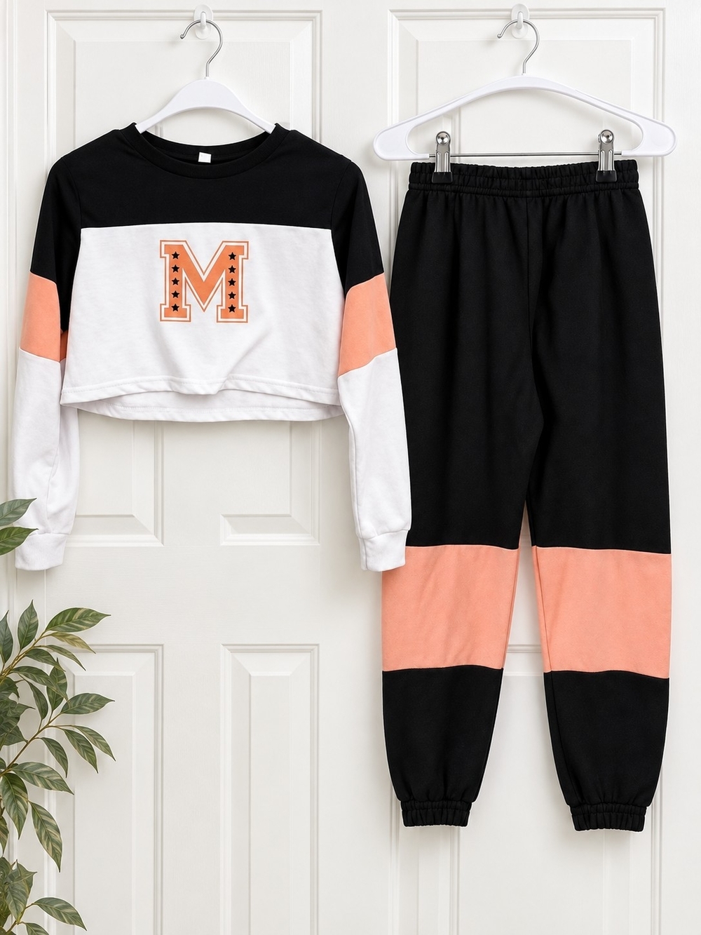 Girls Black & Peach Colorblock Jogger Set with 'M' Graphic